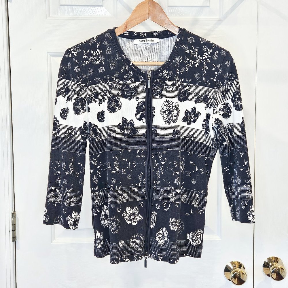 Betty Barclay 3/4 Sleeve Zipper Cardigan Sweater Black & White USA Size 12